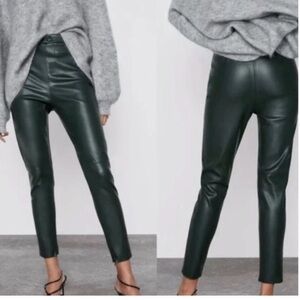 Zara High Rise Dark Hunter Green Faux Leather Pants Blogger Favorite